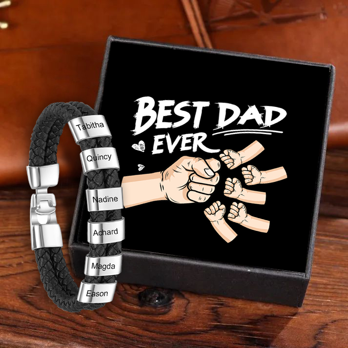 Personalised Braided Leather Mens Bracelet With Custom Engraved 6 Kids Names - Father's Day Gift for Dad | Jessemade-Jessemade AU