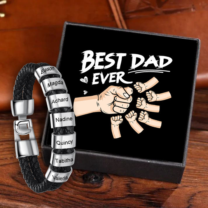 Personalised Braided Leather Mens Bracelet With Custom Engraved 7 Kids Names - Father's Day Gift for Dad | Jessemade-Jessemade AU