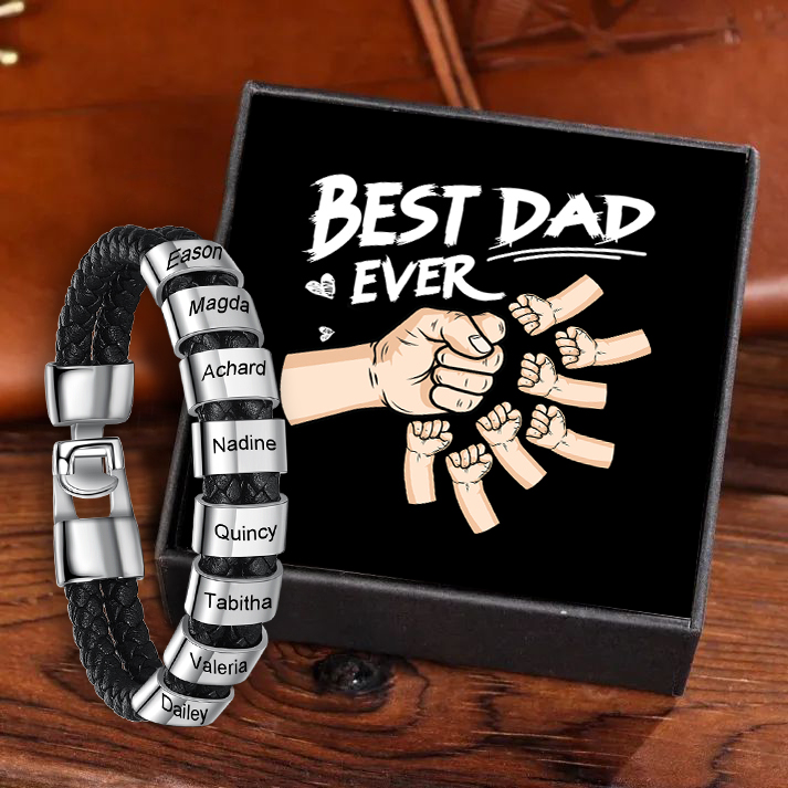Personalised Braided Leather Mens Bracelet With Custom Engraved 8 Kids Names - Father's Day Gift for Dad | Jessemade-Jessemade AU