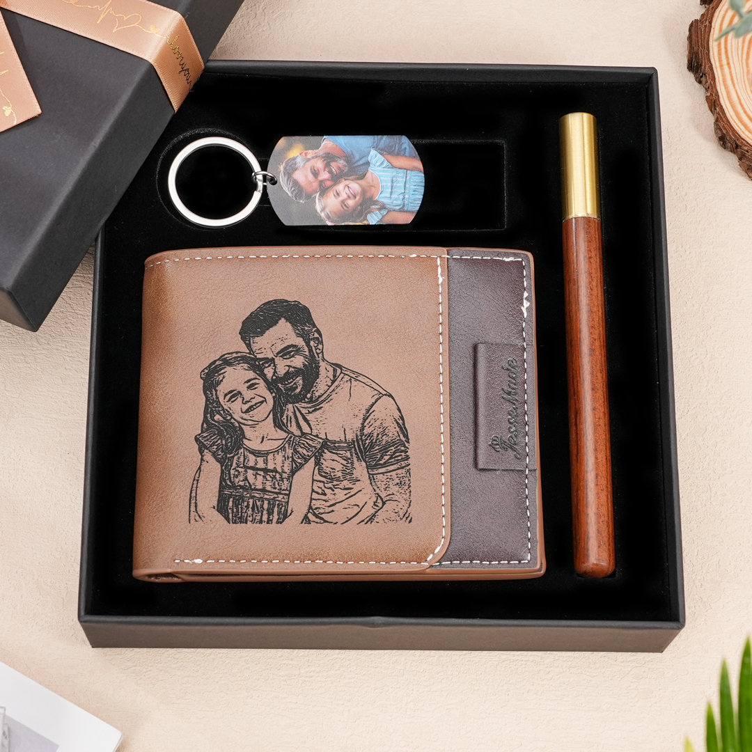 Personalised 2 Texts & 2 Photos Gift Set Custom Wallet & Keychain & Pen Gift Box Set Gift for Grandpa-Jessemade AU