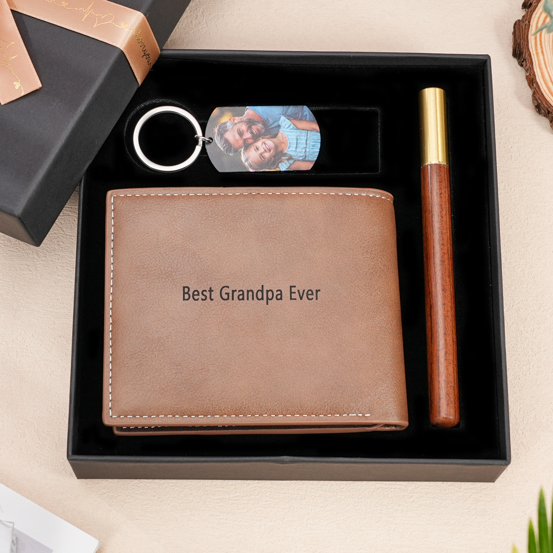 Personalized 2 Texts & 2 Photos Gift Set Custom Wallet & Keychain & Pen Gift Box Set Gift for Grandpa