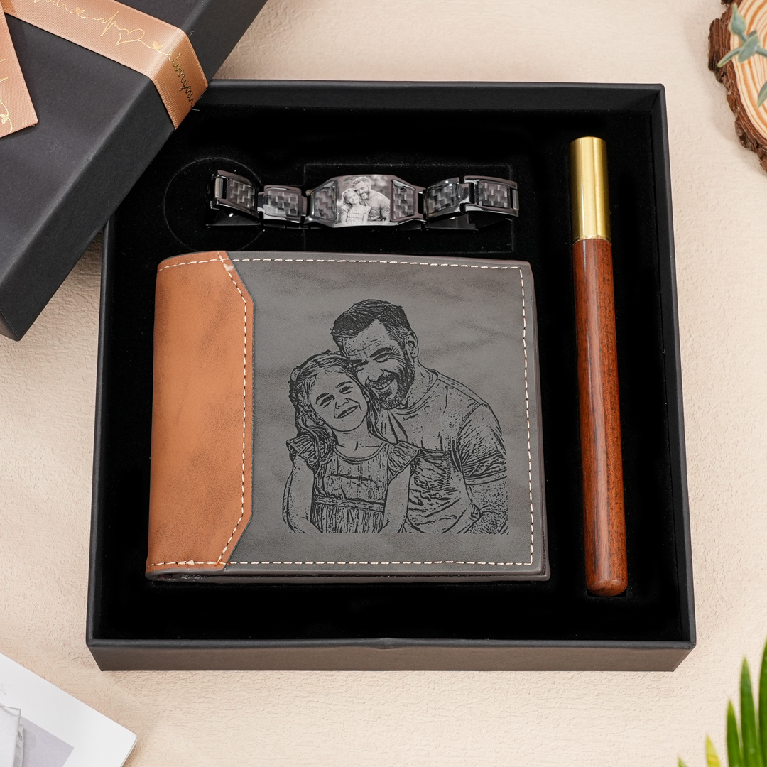 Personalised 2 Photos & 1 Name & 1 Letter Gift Set Custom Wallet & Bracelet & Pen Gift Box Set Gift for Grandpa-Jessemade AU