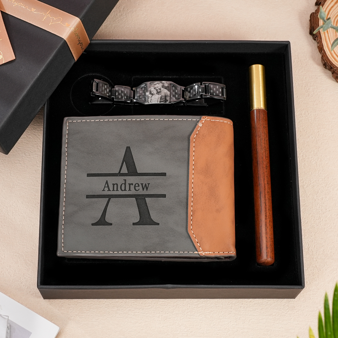 Personalised 2 Photos & 1 Name & 1 Letter Gift Set Custom Wallet & Bracelet & Pen Gift Box Set Gift for Grandpa