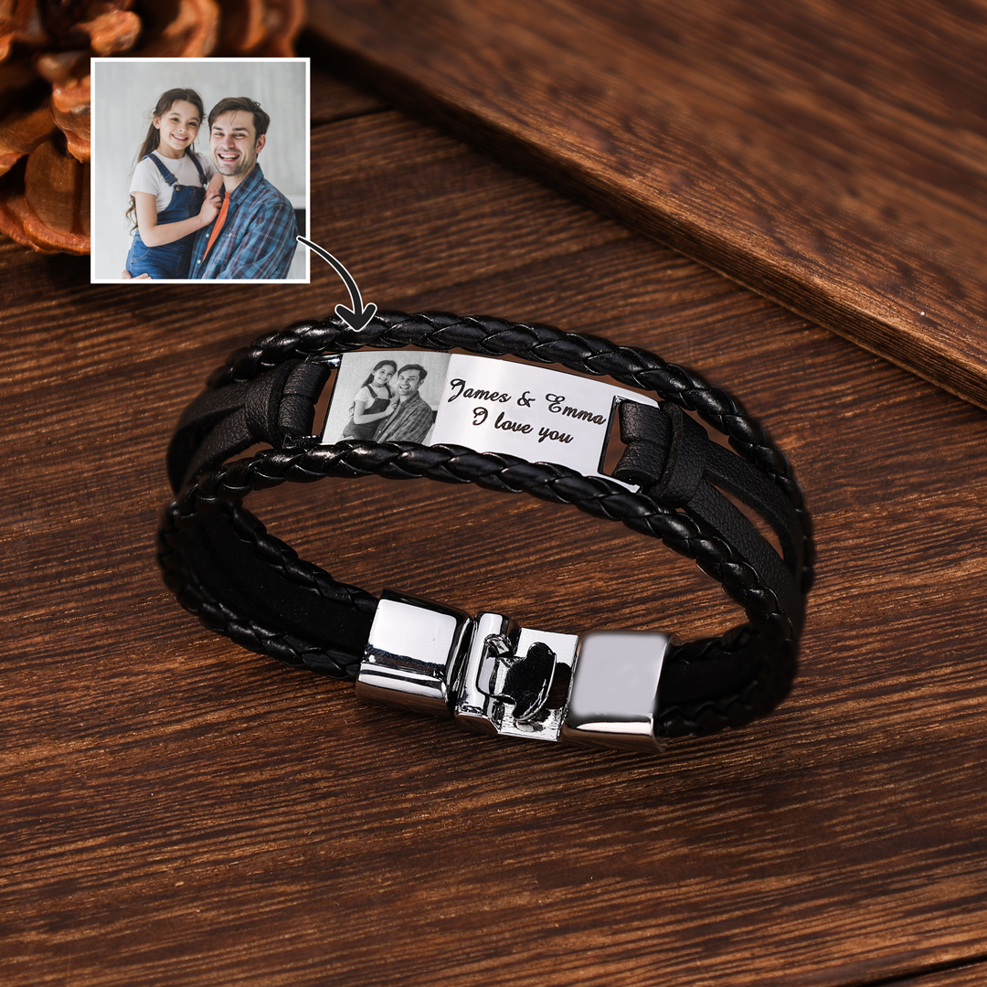 Personalised Braided Leather Bracelet Custom 1 Photo & 2 Texts Fathers Day Gift for Dad-Jessemade AU