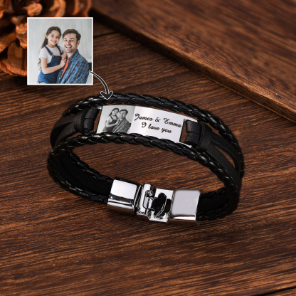 Personalised Braided Leather Bracelet Custom 1 Photo & 2 Texts Fathers Day Gift for Dad-Jessemade AU