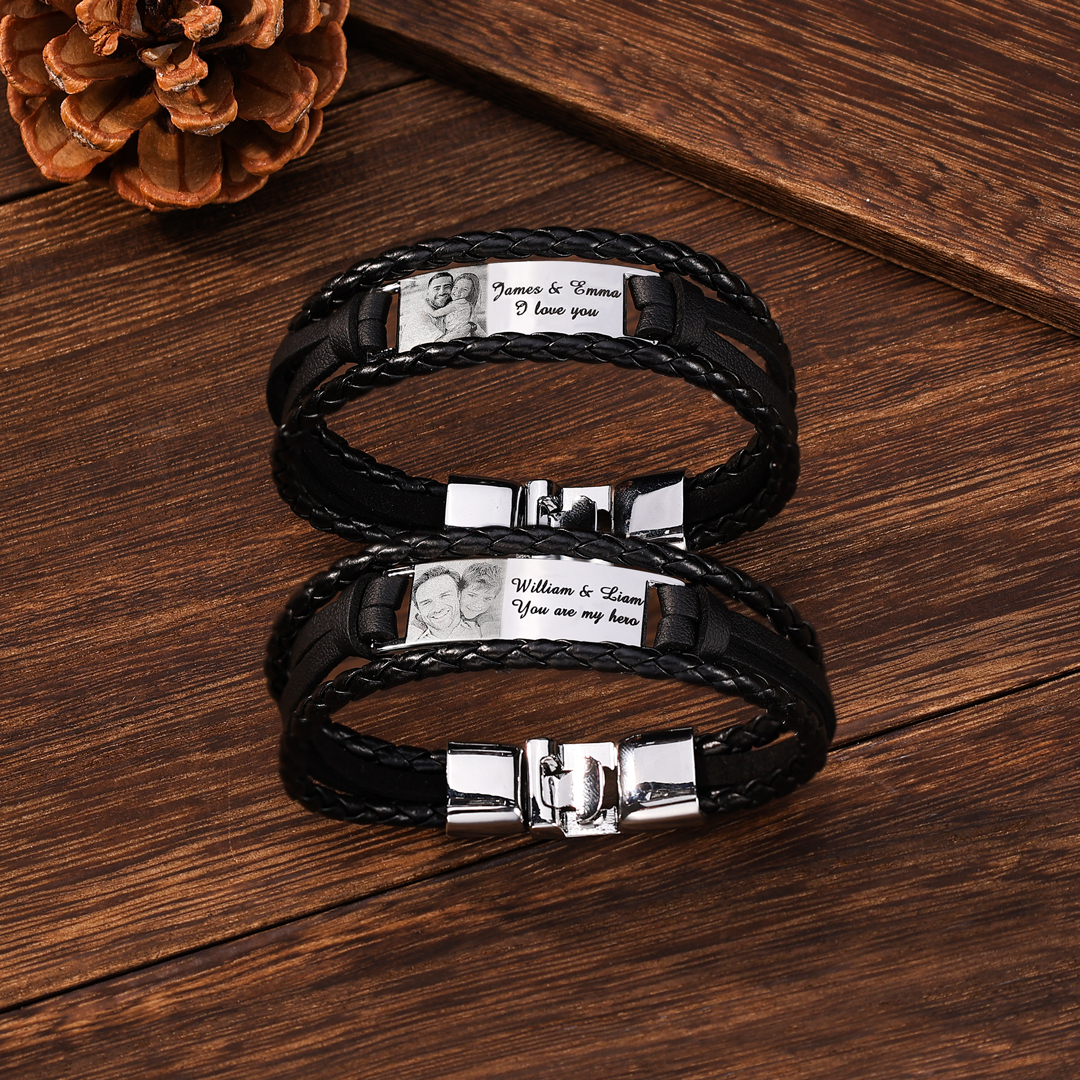 Personalised Braided Leather Bracelet Custom 1 Photo & 2 Texts Fathers Day Gift for Dad-Jessemade AU