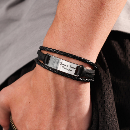 Personalised Braided Leather Bracelet Custom 1 Photo & 2 Texts Fathers Day Gift for Dad-Jessemade AU
