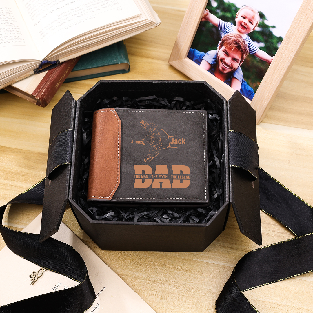 Personalised Men's Leather Wallet Custom 2–9 Names Billfold Wallet Fist Bump Gift for Dad - The Man, The Myth, The Legend