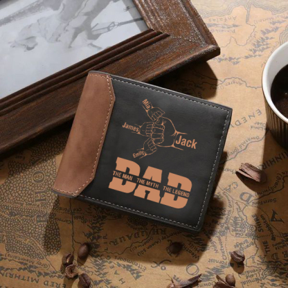 Personalised Men's Leather Wallet Custom 2–9 Names Billfold Wallet Fist Bump Gift for Dad - The Man, The Myth, The Legend