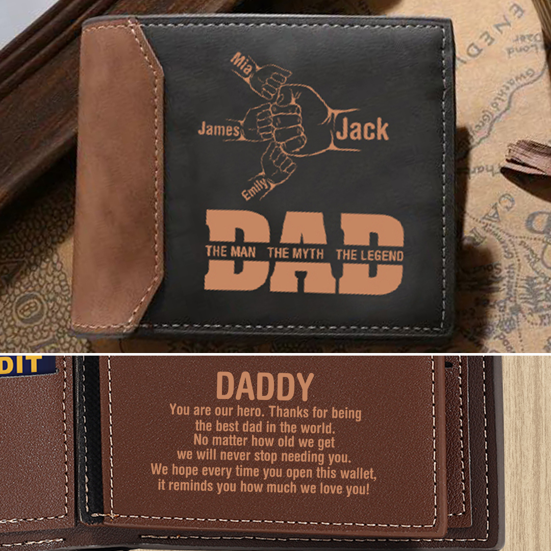 Personalised Men's Leather Wallet Custom 2–9 Names Billfold Wallet Fist Bump Gift for Dad - The Man, The Myth, The Legend