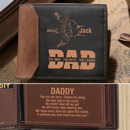 Personalised Men's Leather Wallet Custom 2–9 Names Billfold Wallet Fist Bump Gift for Dad - The Man, The Myth, The Legend