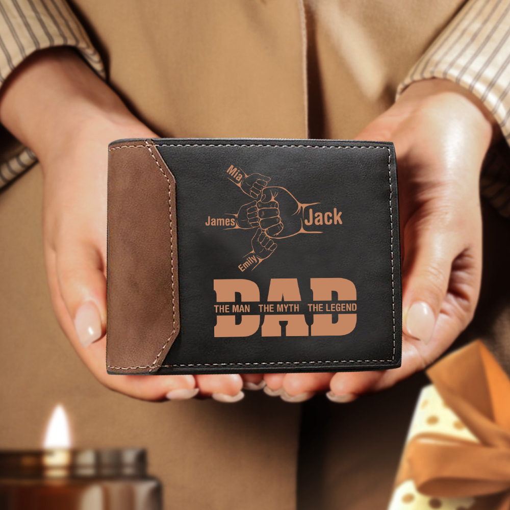 Personalised Men's Leather Wallet Custom 2–9 Names Billfold Wallet Fist Bump Gift for Dad - The Man, The Myth, The Legend-Jessemade AU