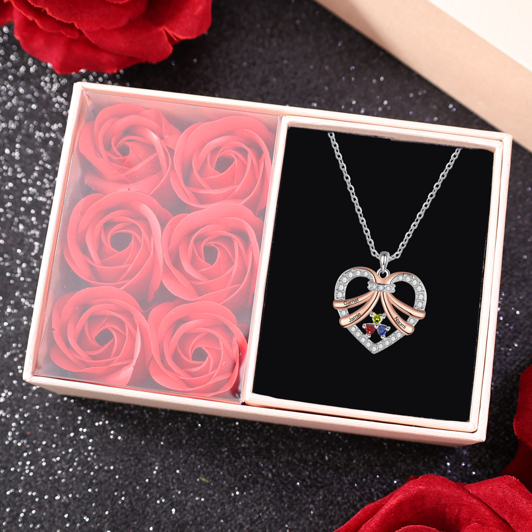 Personalised Heart Pendant Necklace Custom 3 Birthstones & 3 Names Women's Necklace Gift for Her-Jessemade AU