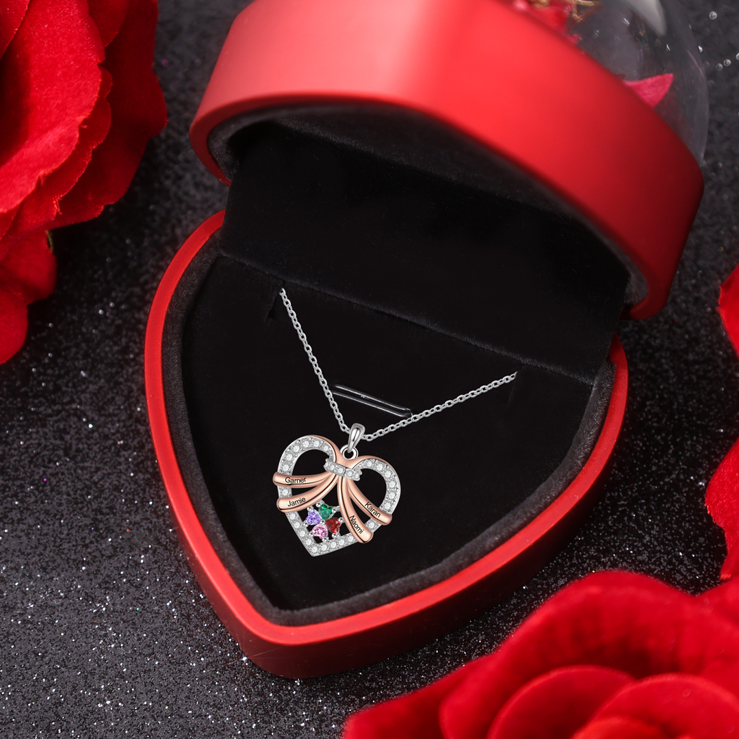Personalised Heart Pendant Necklace Custom 4 Birthstones & 4 Names Women's Necklace Gift for Her