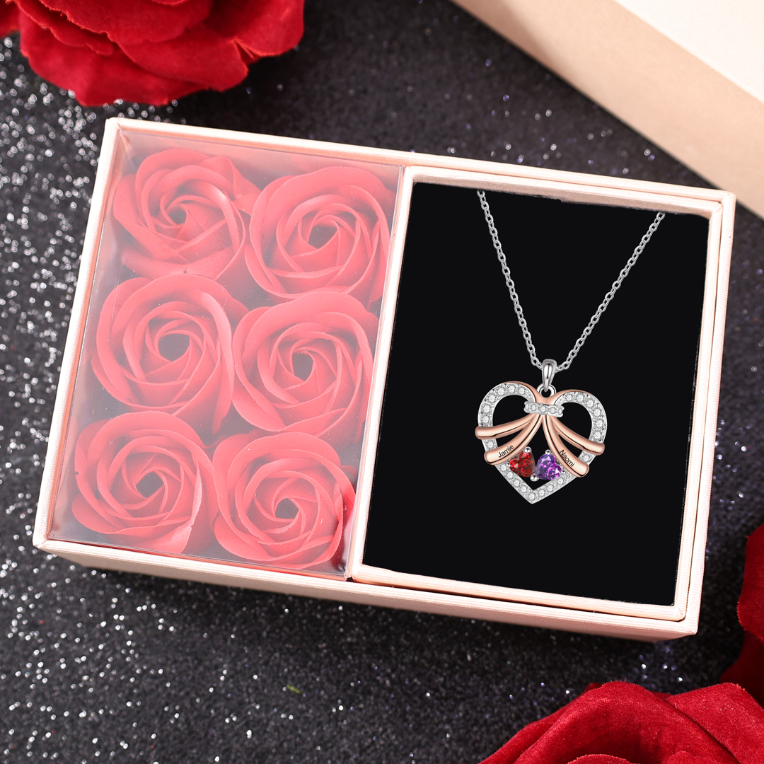 Personalised Heart Pendant Necklace Custom 2 Birthstones & 2 Names Women's Necklace Gift for Her-Jessemade AU