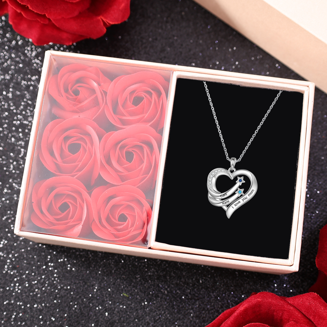 Personalised Moon Star Heart Women's Necklace Custom 2 Birthstones & 2 Names & 1 Text Gift for Her-Jessemade AU