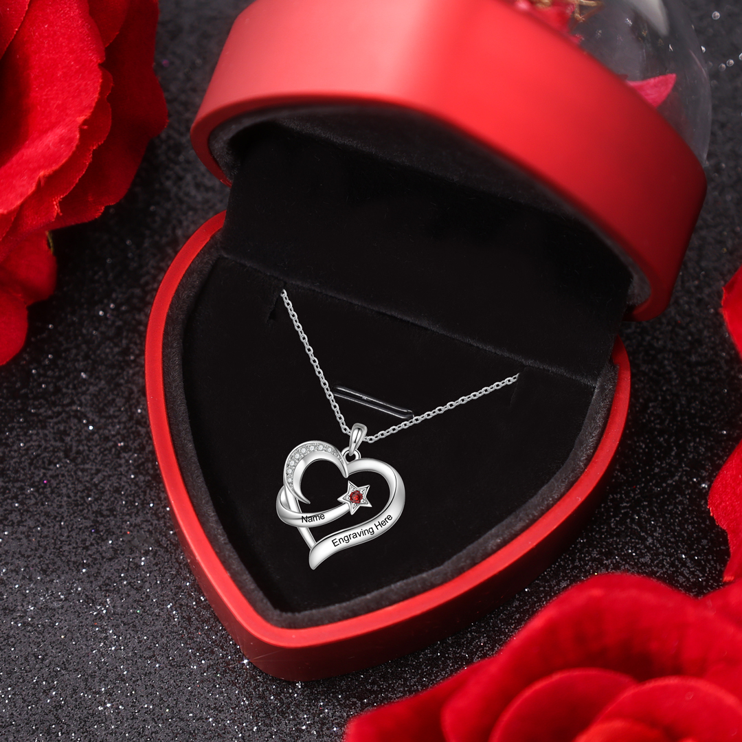 Personalised Moon Star Heart Women's Necklace Custom Birthstone & Name & Text Gift for Her