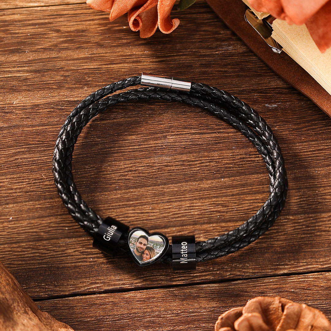 Personalised Men's Leather Bracelet Custom 1 Photo & 2–6 Names Black Gift for Him-Jessemade AU