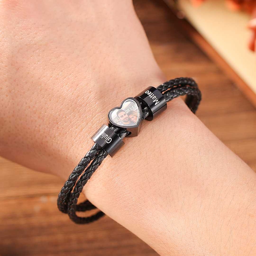 Personalised Men's Leather Bracelet Custom 1 Photo & 2–6 Names Black Gift for Him-Jessemade AU