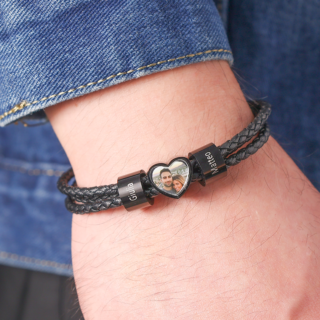 Personalised Men's Leather Bracelet Custom 1 Photo & 2–6 Names Black Gift for Him-Jessemade AU