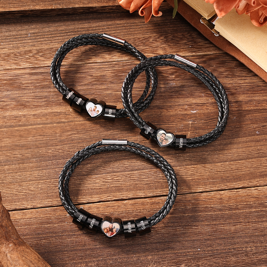 Personalised Men's Leather Bracelet Custom 1 Photo & 2–6 Names Black Gift for Him-Jessemade AU