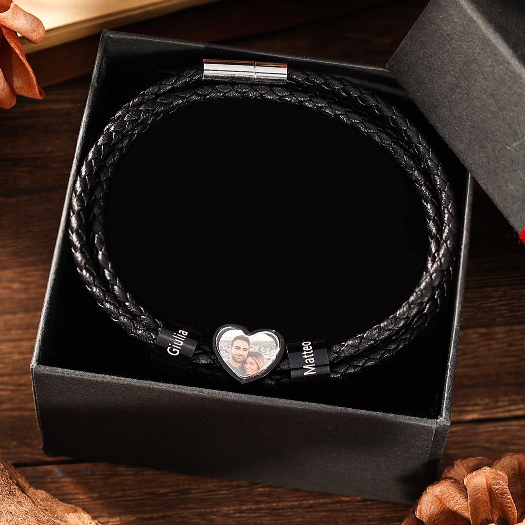 Personalised Men's Leather Bracelet Custom 1 Photo & 2–6 Names Black Gift for Him-Jessemade AU