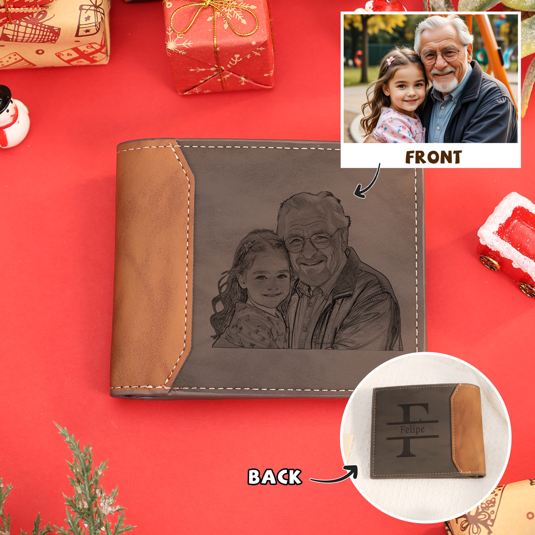 Men Photo Wallet Personalised Monogram Letter Custom Name Wallet Gray Christmas Gift for Him