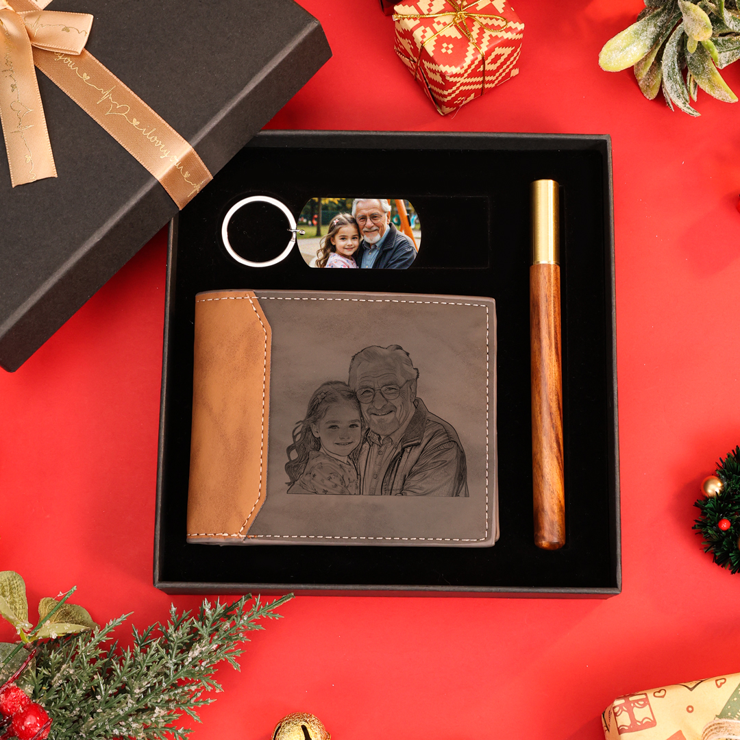 Personalised 2 Photos & 1 Text & 1 Name & 1 Letter Gift Set Custom Wallet & Keychain & Pen Gift Box Set Christmas Gift for Him