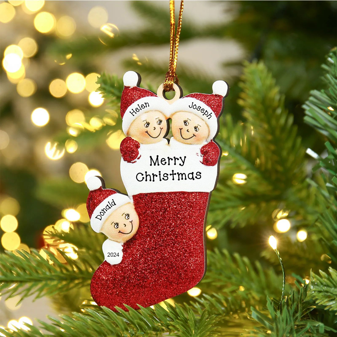 3 Names - Personalised Christmas Stocking Ornament Customised Name & Text & Year Wooden Hanging Ornaments Christmas Gift for Family-Jessemade AU