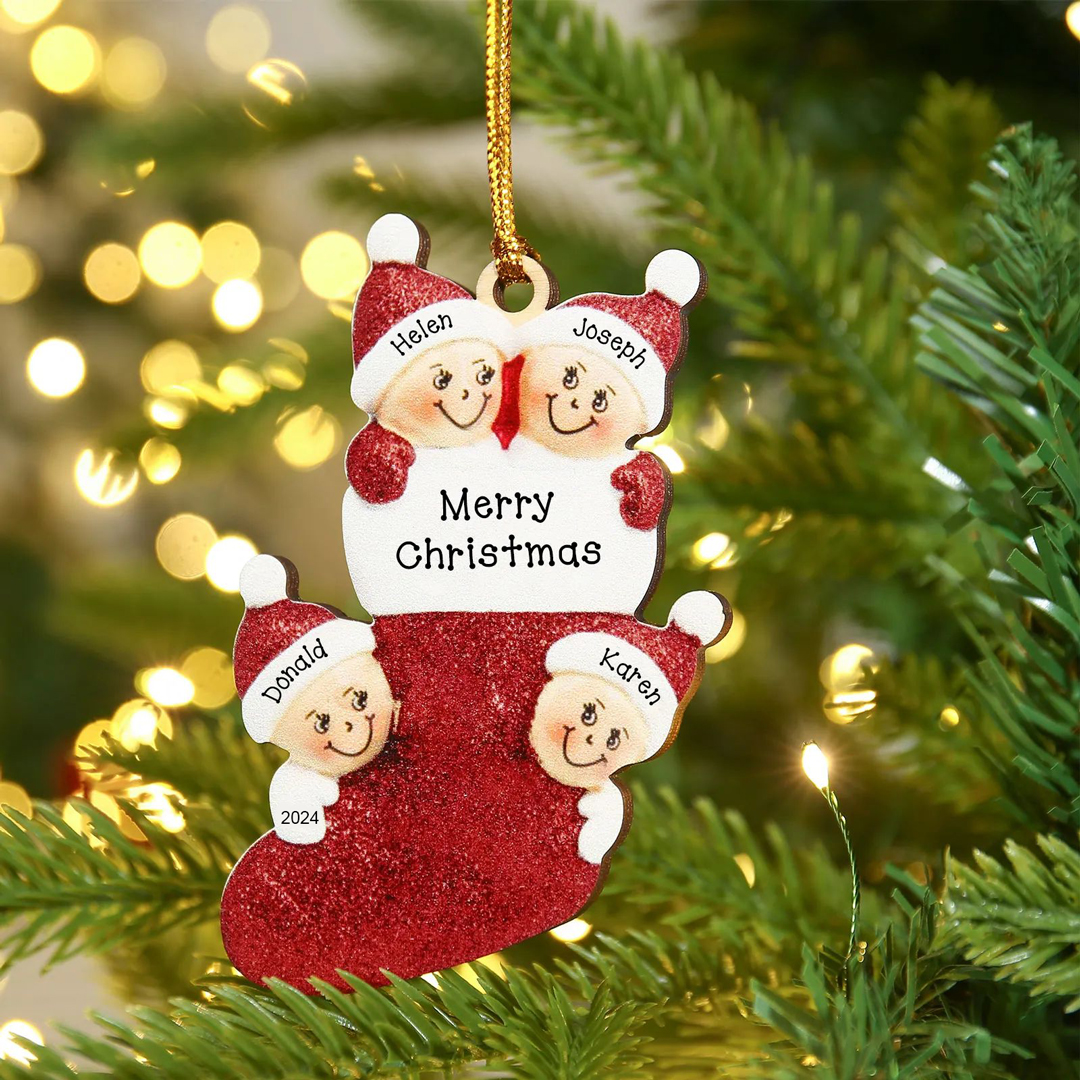4 Names - Personalised Christmas Stocking Ornament Customised Name & Text & Year Wooden Hanging Ornaments Christmas Gift for Family