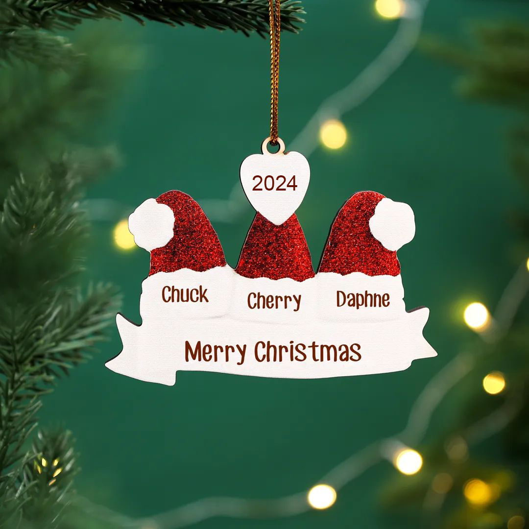 3 Names - Personalised Wooden Christmas Hat Ornaments Custom Text & Name & Year Xmas Pendant Gifts for Family