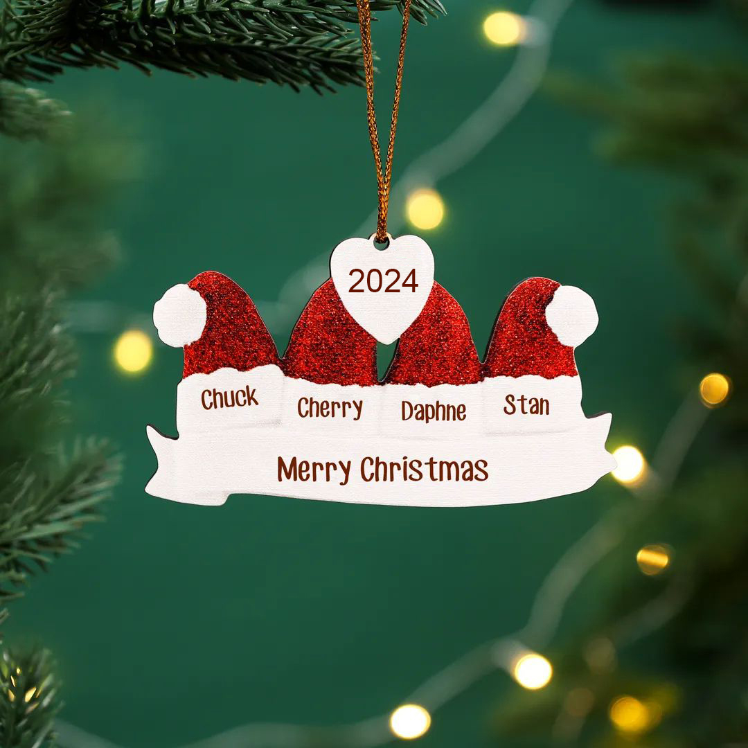 4 Names - Personalised Wooden Christmas Hat Ornaments Custom Text & Name & Year Xmas Pendant Gifts for Family-Jessemade AU