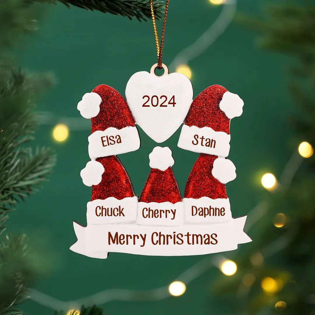 5 Names - Personalised Wooden Christmas Hat Ornaments Custom Text & Name & Year Xmas Pendant Gifts for Family-Jessemade AU