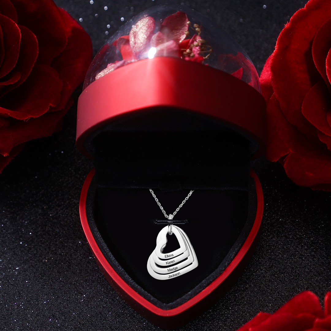 Personalized Mother Necklace Engraved 4 Names Heart Pendant Necklace