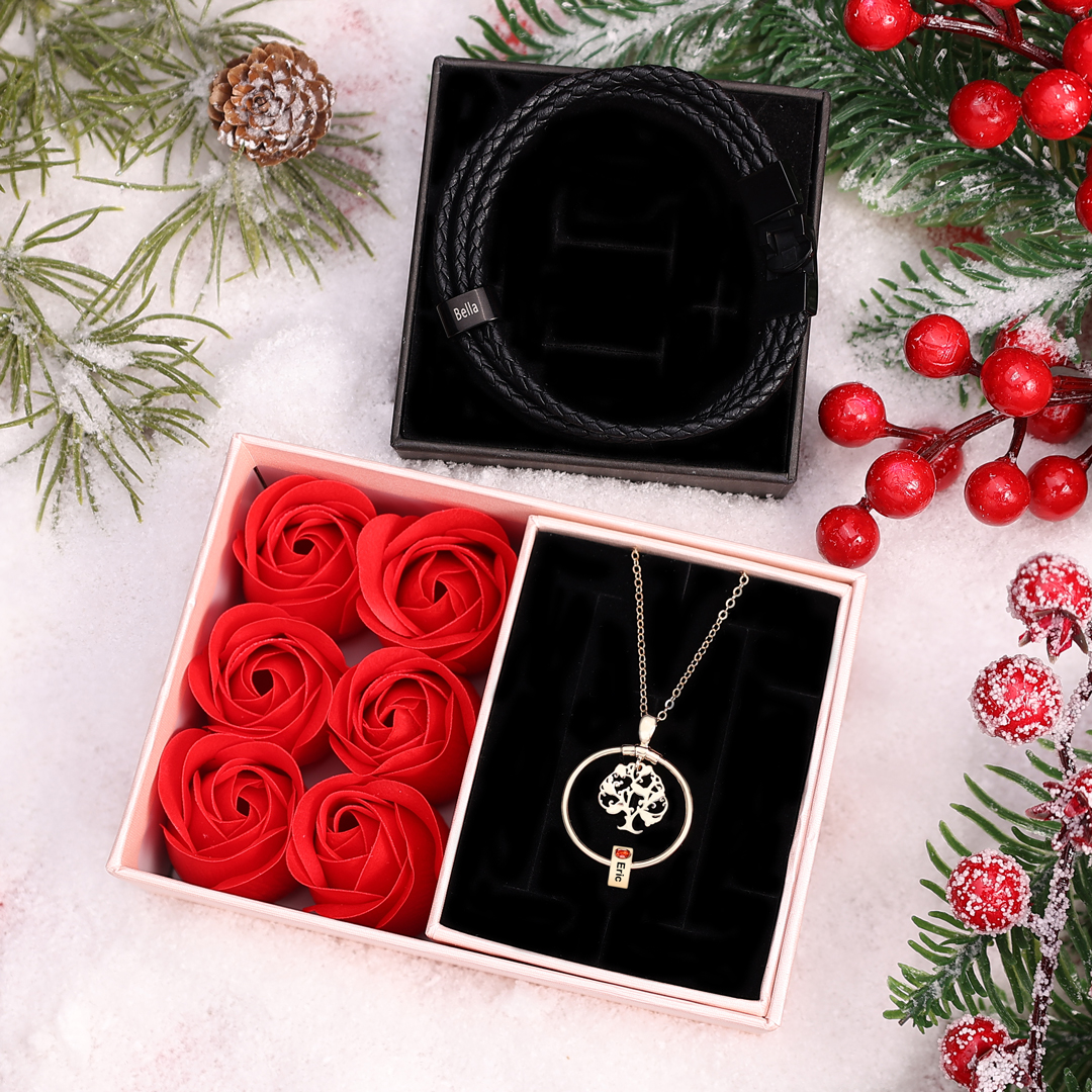 Personalised Family Necklace and Leather Bracelet Set with Birthstones Christmas Gift for Loved Ones