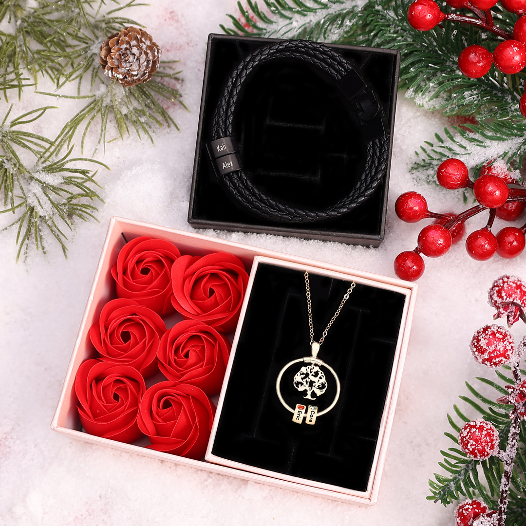 Personalised Family Necklace and Leather Bracelet Set with 2 Birthstones 2 Names Christmas Gift for Loved Ones