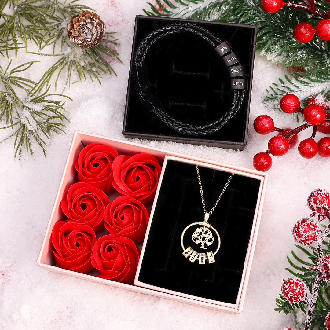 Personalised Family Necklace and Leather Bracelet Set with 4 Birthstones 4 Names Christmas Gift for Loved Ones