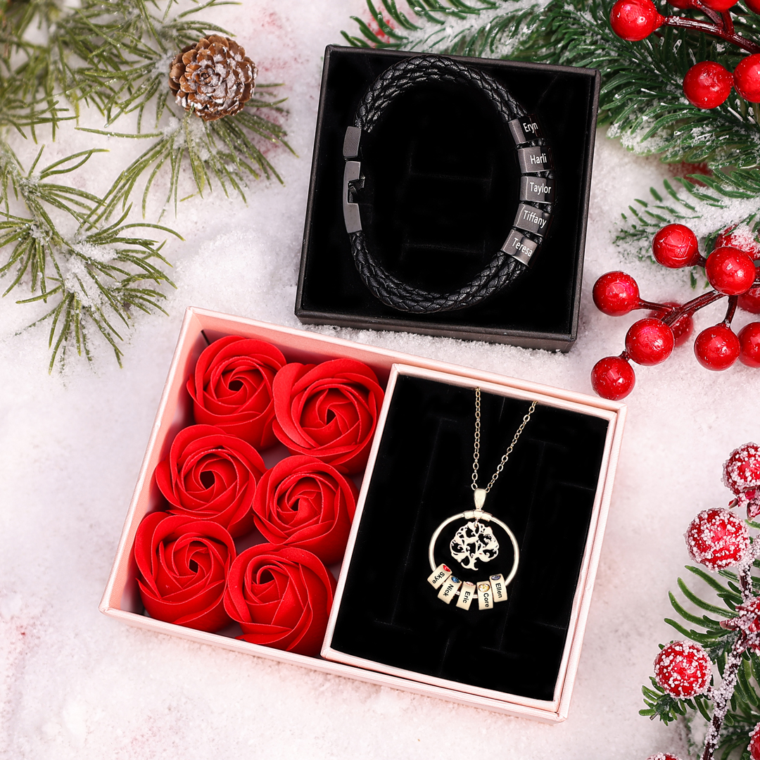 Personalised Family Necklace and Leather Bracelet Set with 5 Birthstones 5 Names Christmas Gift for Loved Ones-Jessemade AU