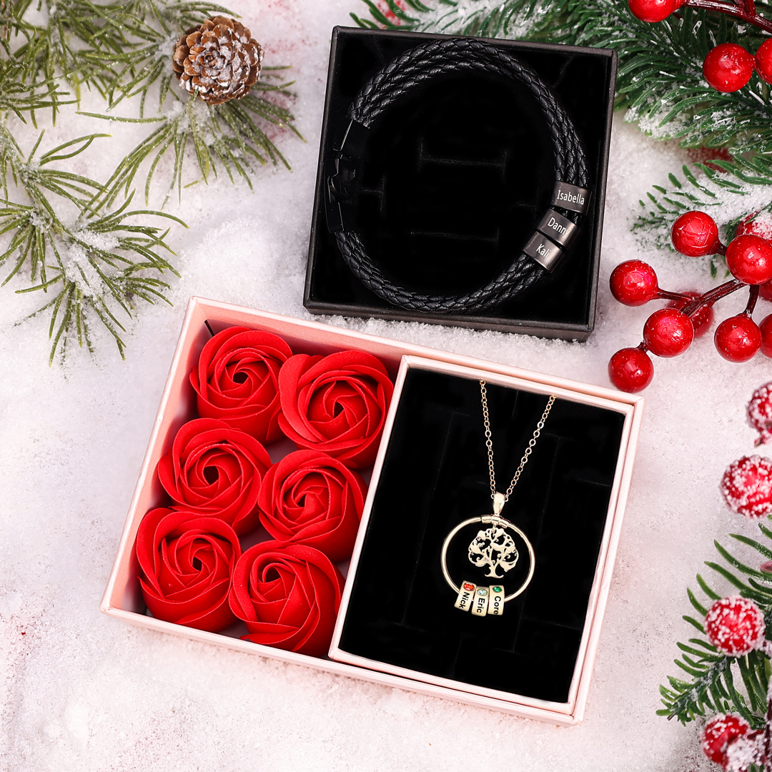 Personalised Family Necklace and Leather Bracelet Set with 3 Birthstones 3 Names Christmas Gift for Loved Ones