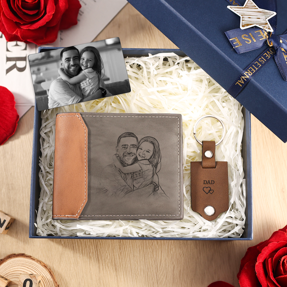 Personalised 3 Photos and 1 Letter and 1 Name and 3 Texts Gift Set Custom Wallet & Keychain & Wallet Card Gift Box Set Fathers Day Gifts