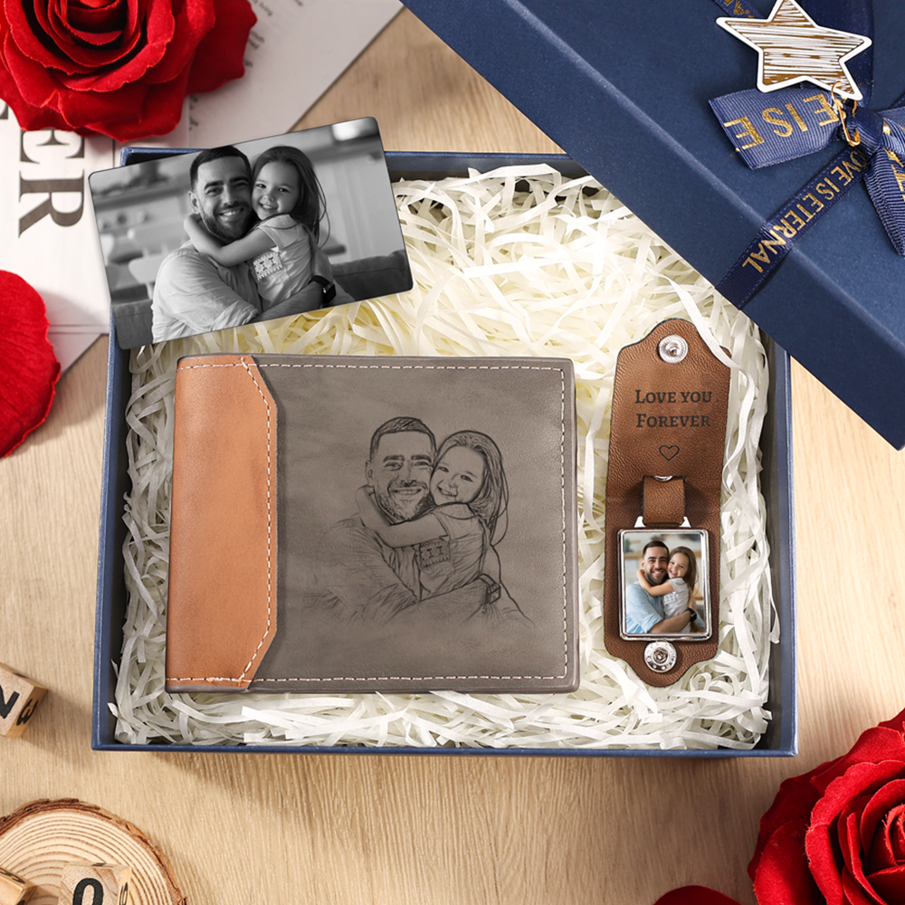 Personalised 3 Photos and 1 Letter and 1 Name and 3 Texts Gift Set Custom Wallet & Keychain & Wallet Card Gift Box Set Fathers Day Gifts