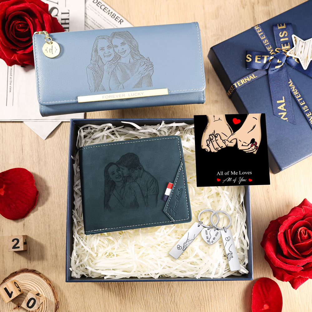 Personalised Couple Gift Box Set Custom Wallets & Keychains for Special Moments