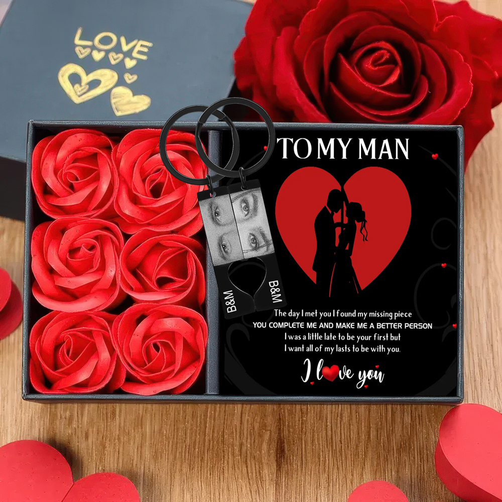 Personalised Eye Photo Heart Puzzle Keychain with 2 Photos and Initials Includes Gift Card and Luxury Gift Box for Couples Valentine's Day Gift Set