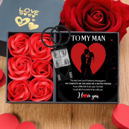 Personalised Eye Photo Heart Puzzle Keychain with 2 Photos and Initials Includes Gift Card and Luxury Gift Box for Couples Valentine's Day Gift Set