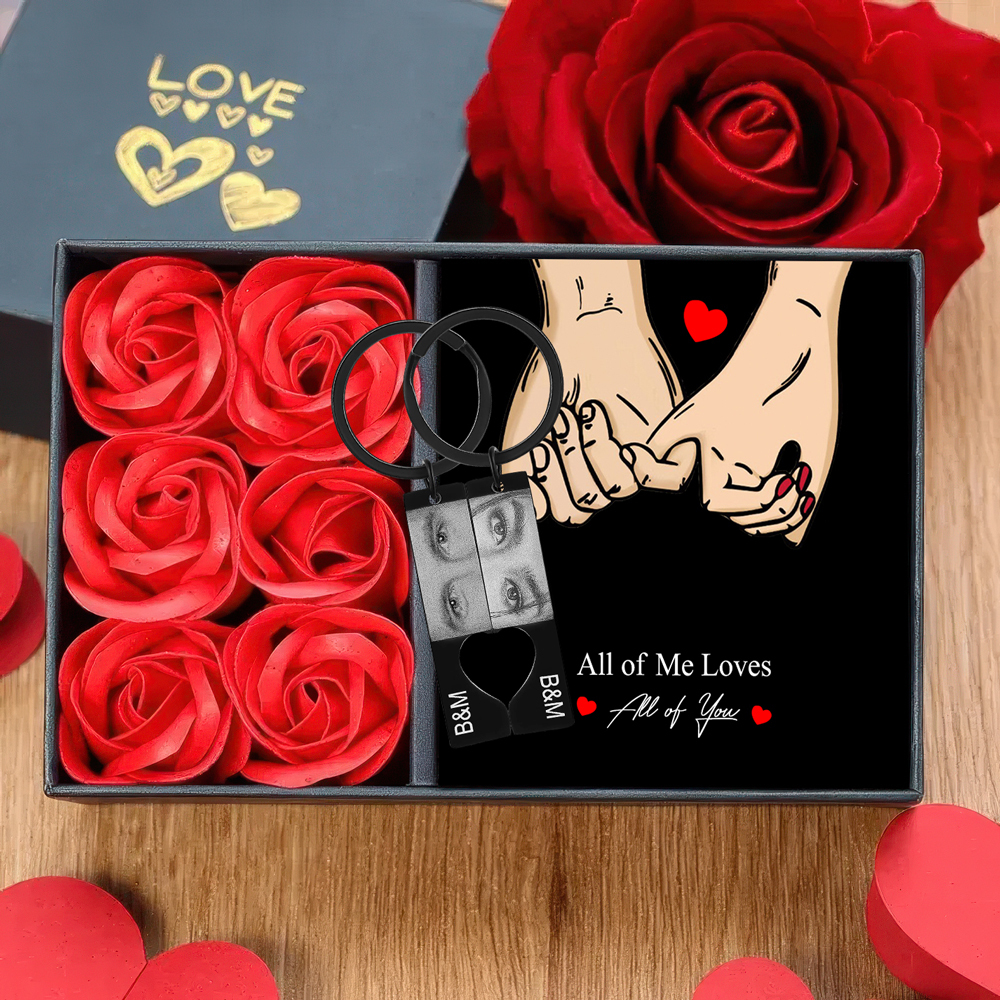 Personalised Eye Photo Heart Puzzle Keychain with 2 Photos and Initials Includes Gift Card and Luxury Gift Box for Couples Valentine's Day Gift Set