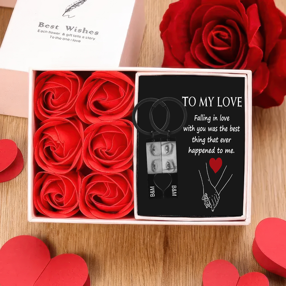 Personalised Eye Photo Heart Puzzle Keychain with 2 Photos and Initials Includes Gift Card and Luxury Gift Box for Couples Valentine's Day Gift Set