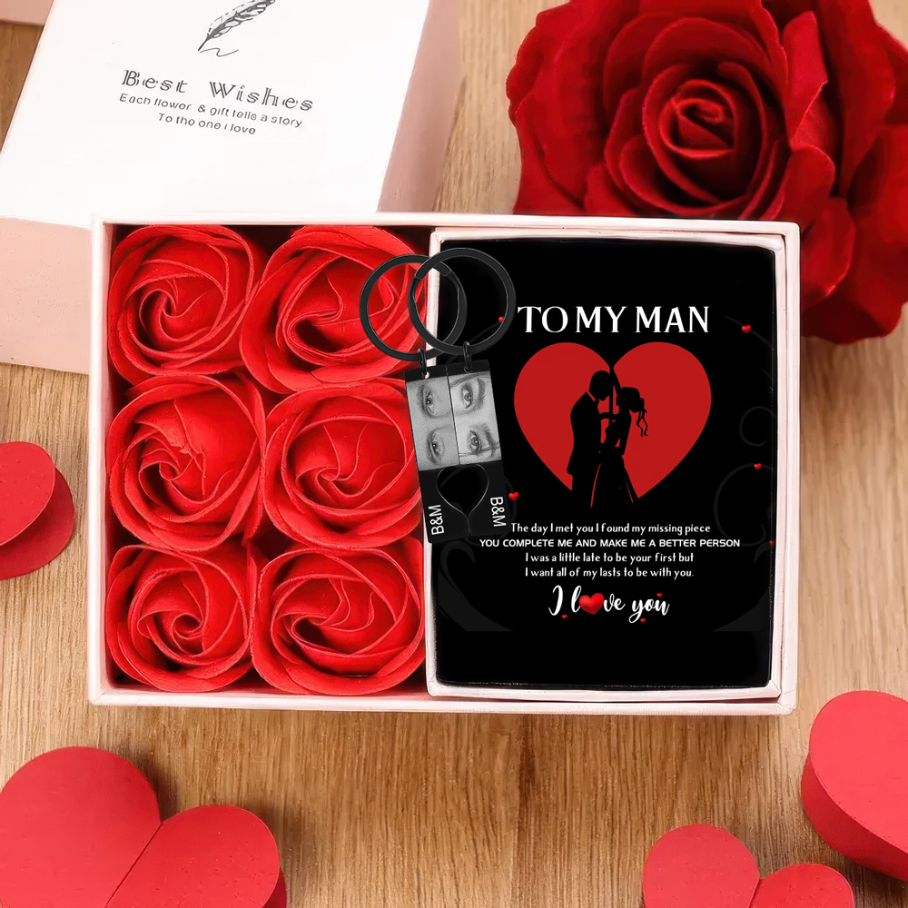 Personalised Eye Photo Heart Puzzle Keychain with 2 Photos and Initials Includes Gift Card and Luxury Gift Box for Couples Valentine's Day Gift Set