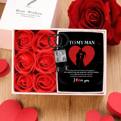 Personalised Eye Photo Heart Puzzle Keychain with 2 Photos and Initials Includes Gift Card and Luxury Gift Box for Couples Valentine's Day Gift Set