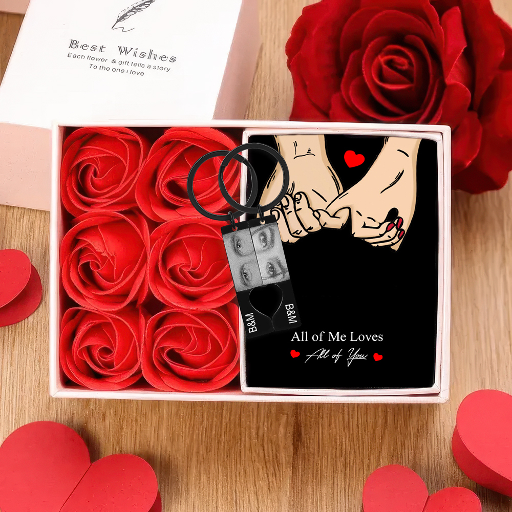 Personalised Eye Photo Heart Puzzle Keychain with 2 Photos and Initials Includes Gift Card and Luxury Gift Box for Couples Valentine's Day Gift Set
