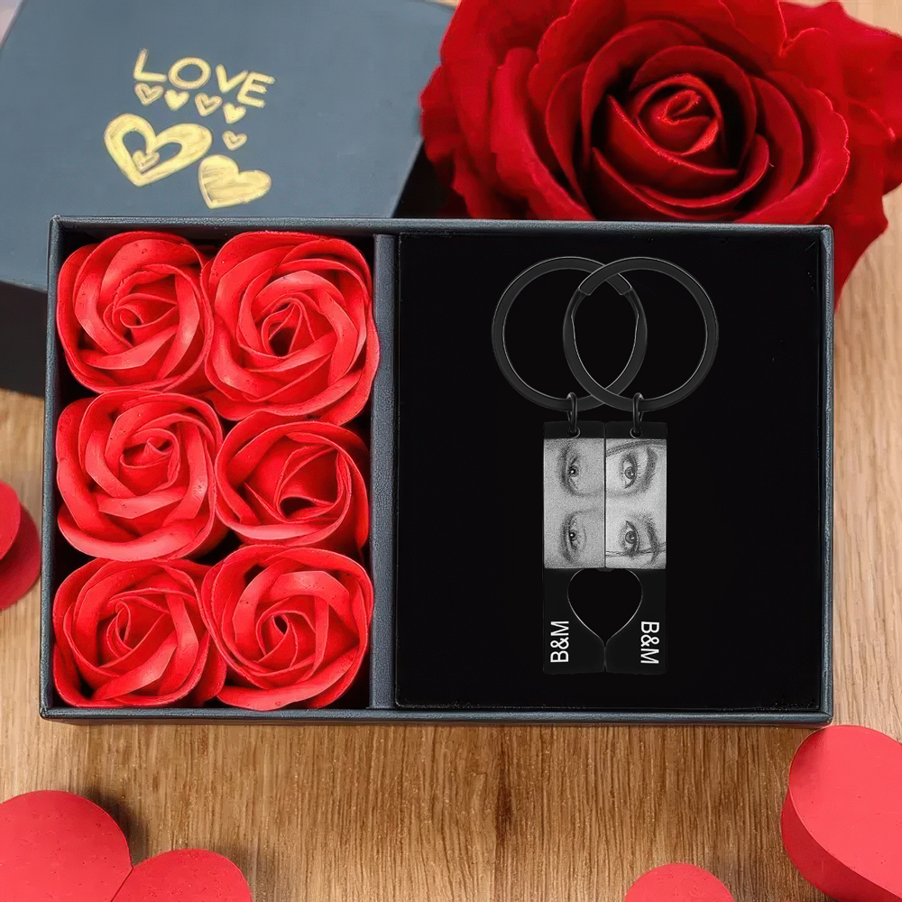 Personalised Eye Photo Heart Puzzle Keychain with 2 Photos and Initials Includes Gift Card and Luxury Gift Box for Couples Valentine's Day Gift Set